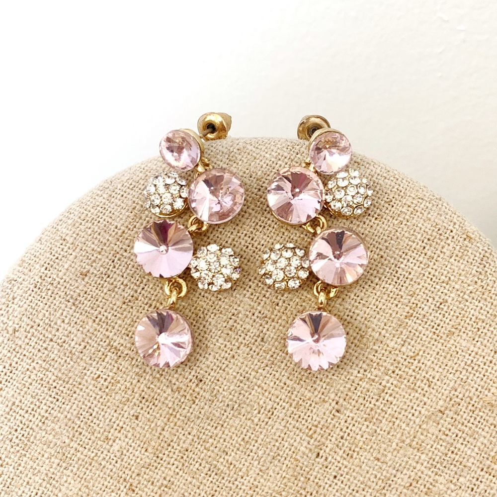 Pink Rhinestone Gold Tone Dangle Earrings